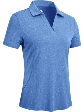Women's Dark Blue Golf Shirts Short Sleeve Dry Fit V Neck Collared Tennis Tops